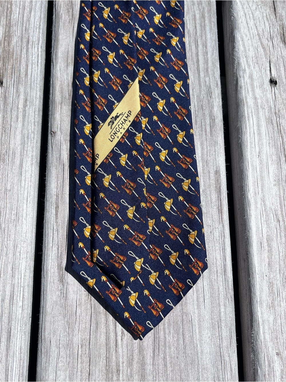 Longchamp Navy Printed Silk Tie - Navy equestrian motif 56” mens